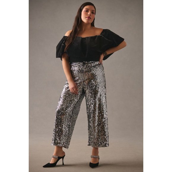 Anthropologie Pants - NWT Anthropologie Colette Cropped Wide-Leg Sequin Pants 16W Silver Cocktail $198